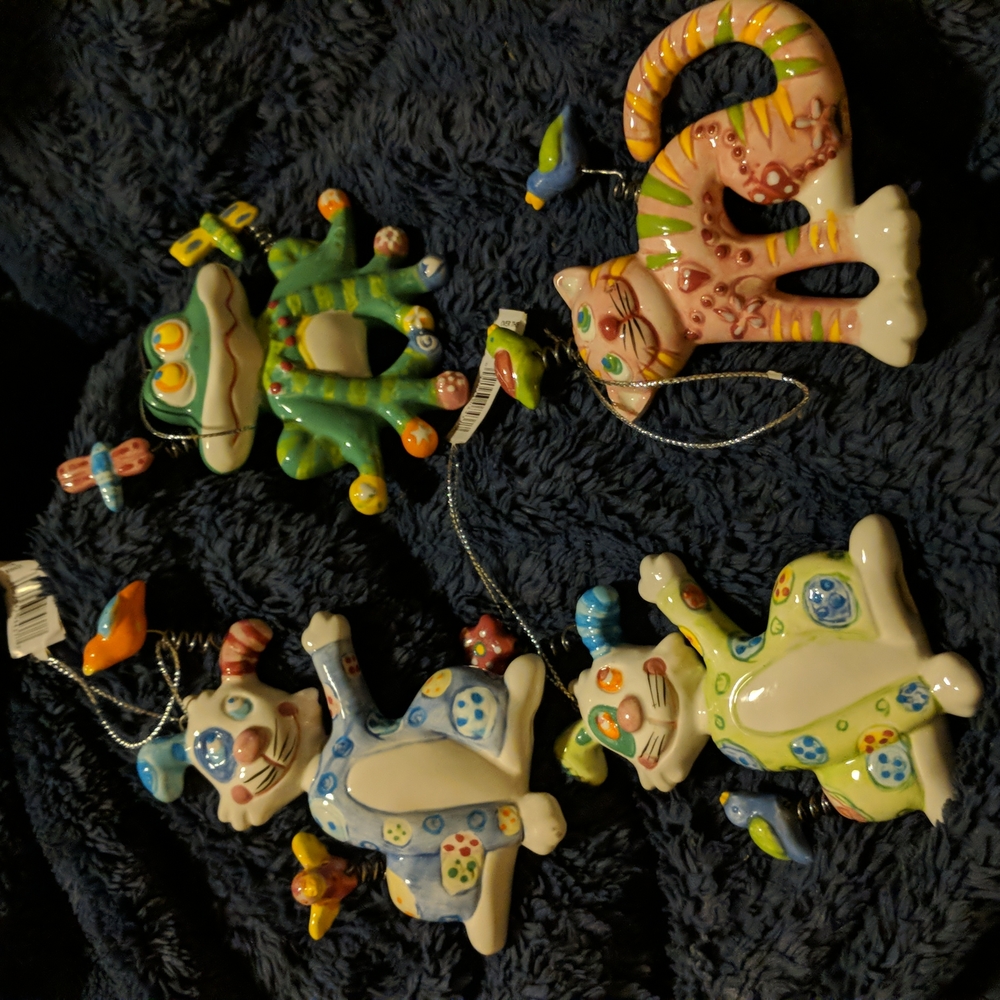 3/$30.00 OVER THE TOP DOG CAT FROG CERAMIC ORNAMENT- YOUR CHOICE